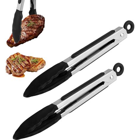 2 Stainless Steel Silicone Barbecue Tongs for Kitchen - 21 cm Black (1/5)