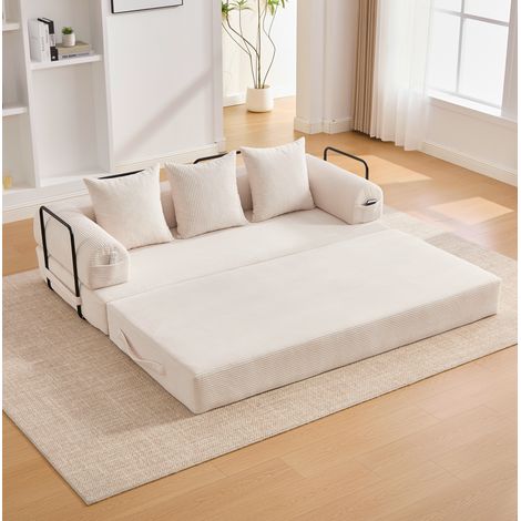 Canapé modulable beige en velours côtelé, 3 coussins et poche latérale, cadre en métal, composition personnalisable pour salon, appartement ou petit espace, 200 x 94 x 67 cm – CHICFURN (1/5)