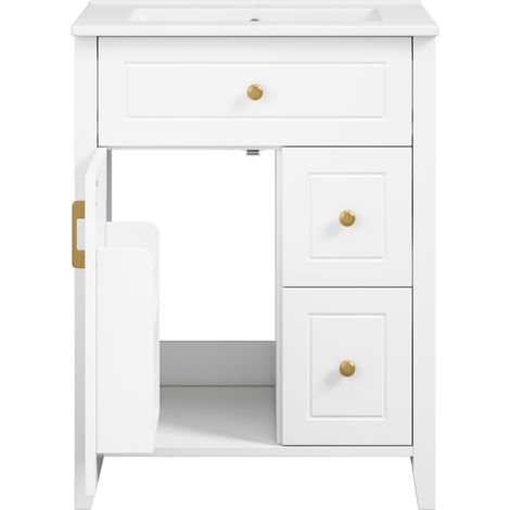Mobile bagno 61 cm bianco lucido con lavabo in ceramica, 2 cassetti e maniglia oro (1/5)