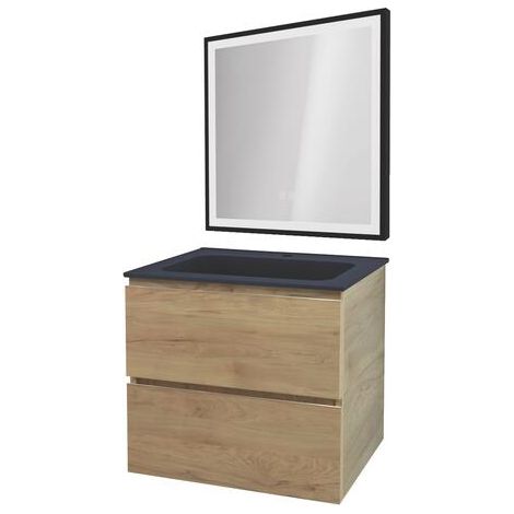 ONDEE ZEN - Meuble salle de bain TRENDY - 60 cm - Bois - 2 Tiroirs - Plan noir + miroir SELENA