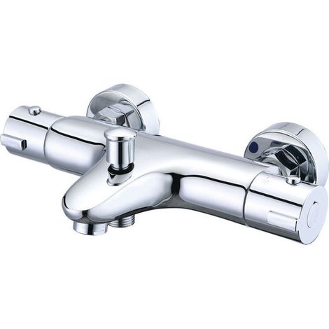 Thermostat-Badewannenarmatur mit 38°C-Sicherheitsknopf, Thermostat-Badewannen- und Duscharmatur aus Messing, Thermostat-Badewannenarmatur mit 2 Wasserauslässen, modernes Chrom