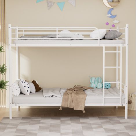 90x190cm großes Etagenbett, Hochbett mit Metalltreppe und hohem Geländer, Etagenbett mit Kletterleiter, Etagenbett mit Eisenrahmen und Absturzsicherung, Weiß (1/5)