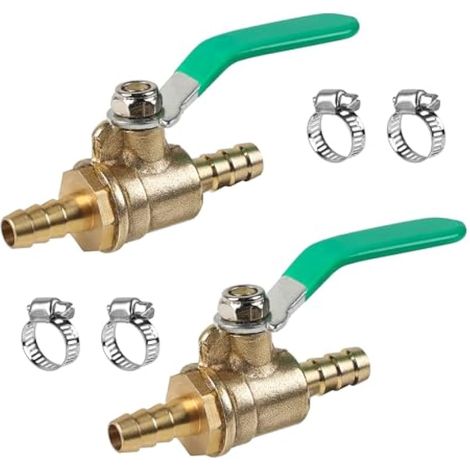 Lot de 2 vannes à bille en laiton de 10 mm, vannes d'arrêt à 2 voies avec 4 colliers de serrage pour air, eau, huile, carburant, liquide ou gaz. (1/5)