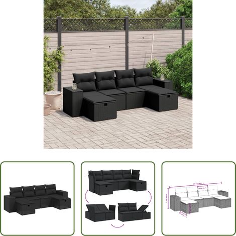 Gartensessel - 6-tlg. Garten-Sofagarnitur mit Kissen Schwarz Poly Rattan (1/5)