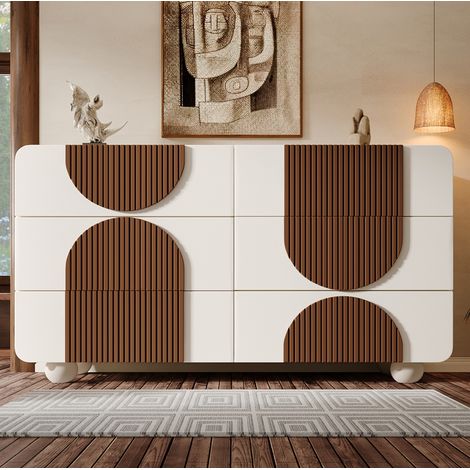 Commode 121x41x71 cm blanche en bois avec 6 tiroirs, design incurvé et dispositif anti-basculement (1/5)