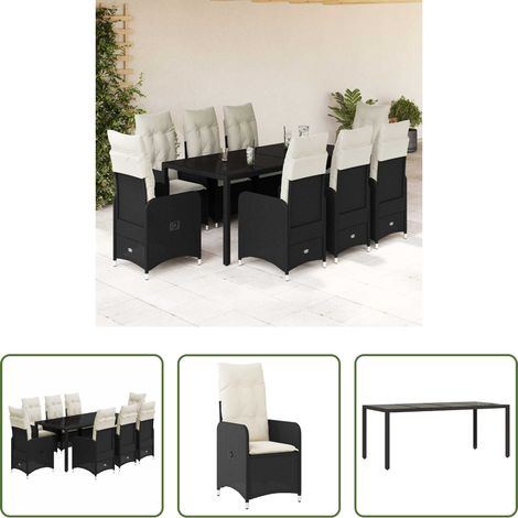 vidaXL Gartenstuhl - 9-tlg. Garten-Bistro-Set mit Kissen Schwarz Poly Rattan (1/5)