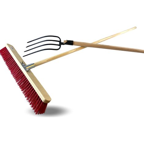 Lot balai cantonnier PVC 60 cm + fourche 4 dents fines Manches en bois - Quantité x 1 - Balai PVC 60 cm + Fourche