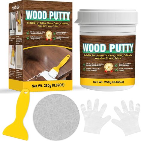 Pate a Bois Rebouchage, Mastic Bois Polyvalent pour Reparation Meubles et Sols, 250g Pate a Bois Blanche – Formule Rapide, Ponçable et Peignable pour Fissures, Trous et Imperfections (1/5)