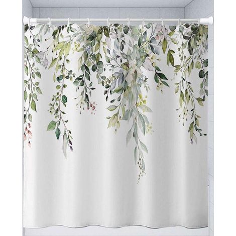 Rideau de douche - 180 x 180 cm - Vert eucalyptus - Motif aquarelle de feuilles et de fleurs - Polyester - Avec crochets - Résistant à la moisissure (1/5)