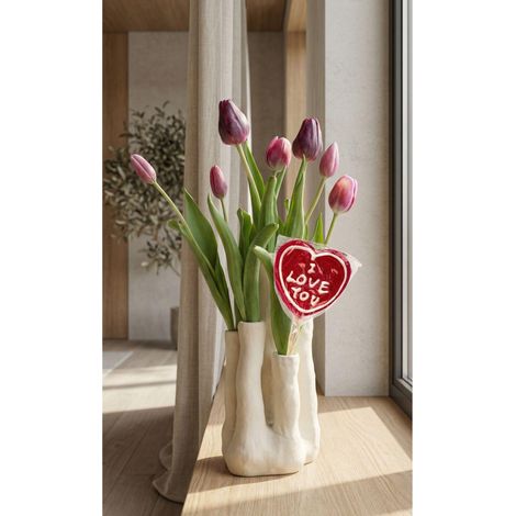 Bouquet de Tulipes Artificielles avec Vase Multi-becs en Céramique Rouge et Violet - 45 cm - PANGIVO (1/3)