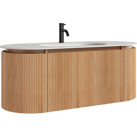 Mobile bagno sospeso scanalato in legno di frassino con lavabo da incasso e rubinetto Naturale chiaro L120 cm - LILIKO (1/5)