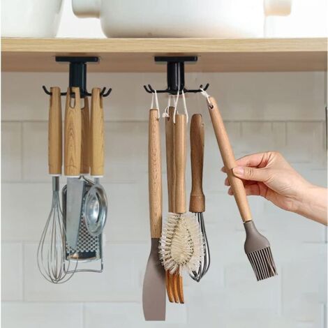 Crochets pour ustensiles de cuisine sous armoire, 2 pièces, support adhésif rotatif à 360 ° sans perçage, support suspendu pour outils/serviettes/couteaux (noir)