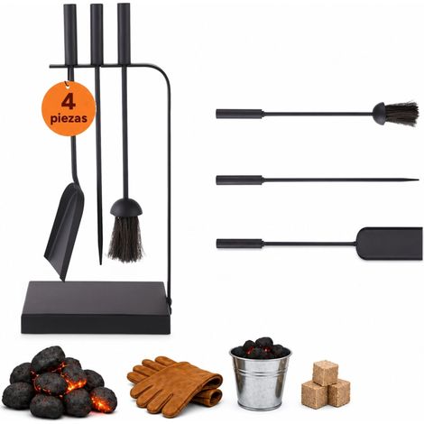 Juego de herramientas para chimenea Relaxdays, set de 4 piezas, atizador, pala, escobilla y soporte, moderno, negro (1/5)
