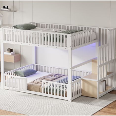 Lit superposé 140x200 cm métal MDF blanc, escalier rangement, gain de place, sans matelas – MEUBLIV (1/5)