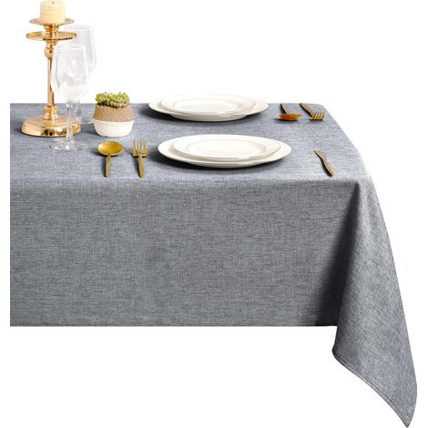 Nappe rectangulaire aspect lin gris 140 x 180 cm, lavable et imperméable, en tissu enduit anti-taches, idéale pour la salle à manger, le jardin (1/5)
