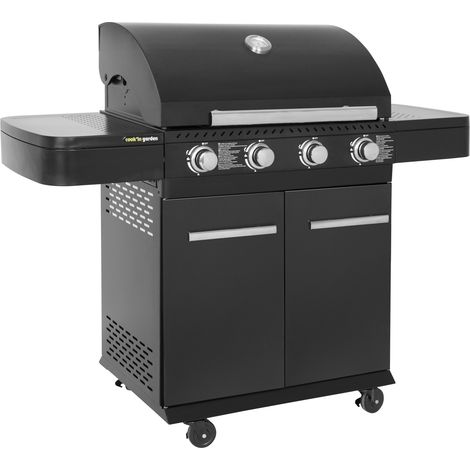 Cook'In Garden – Barbecue à gaz 4 brûleurs 12kW – Thermomètre intégré – Surface de cuisson 70x42cm – Récupérateur de graisse – 4 roulettes