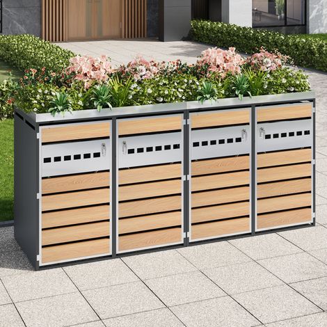 Mobile da giardino copri bidoni 4 scomparti con fioriera, grigio e effetto legno DESVIAE (1/5)