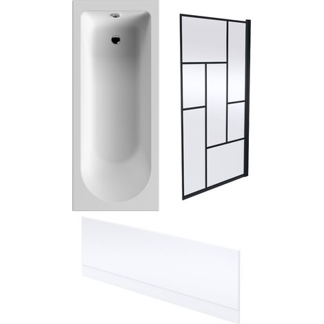 Round Single Ended 1700x700 Bath Set – Front Bath Panel & Black Abstract Framed Screen