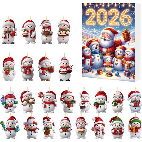 Schneemann-Adventskalender 2026 – 24-teilig – weiß, rot, grün – Acryl – 5 cm – Schneemann-Anhänger – Weihnachtskalender – Weihnachtsbaumschmuck – geeignet für Weihnachten und als Dekoration (1/5)