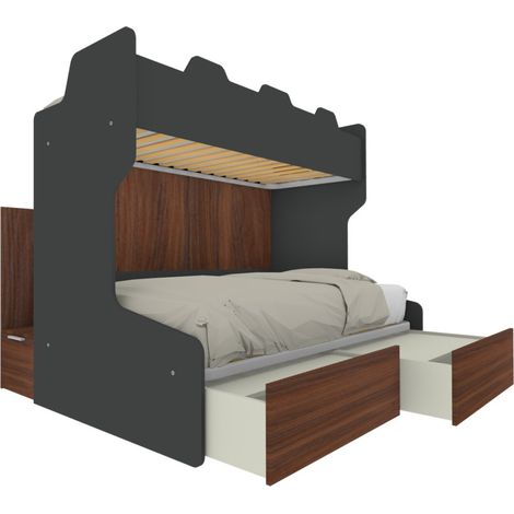 Letto a castello salvaspazio con scala contenitore - 1 Piazza e mezza + singolo - Basalto e Noce (1/5)