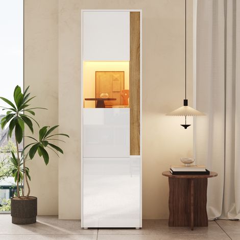 Vitrine Colonne Blanche avec Éclairage LED, Meuble Haut 179cm à 2 Portes, Bibliothèque de Rangement 50x40cm pour Salon