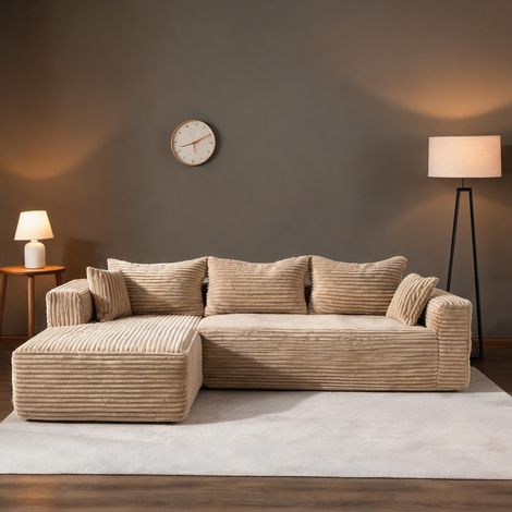 Canapé d'angle modulable en velours côtelé beige avec méridienne