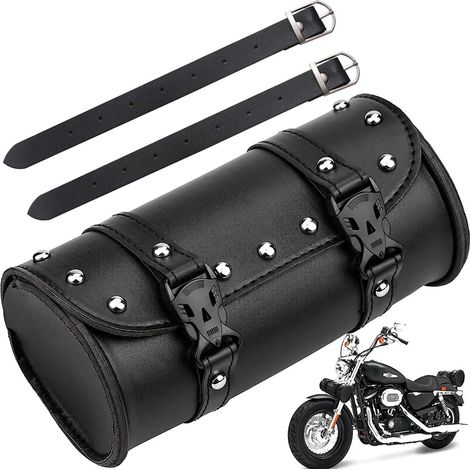 Alforja para motocicleta, bolsa para horquilla de motocicleta, bolsa universal impermeable redonda para herramientas hecha de cuero PU con 2 correas de sujeción, alforja para motocicleta, negra