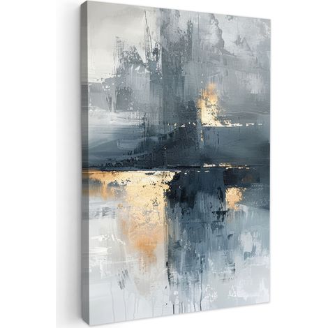 CUADRO EN LIENZO Arte - Gris - Oro - Abstracto Decoracion Pared Salon 20x30 cm