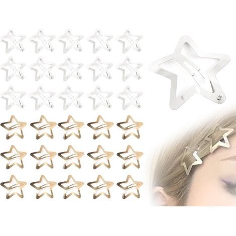 30 pinzas para el cabello de metal con forma de estrella y cierre a presión: bonitos accesorios para el cabello en color dorado y plateado, adecuados para todo tipo de peinados. (1/5)