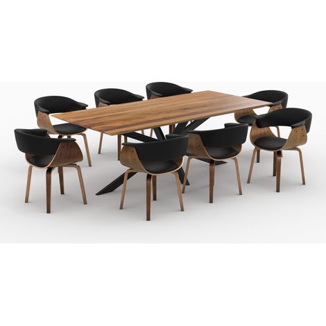 Table et chaises 8 personnes en cuir synthetique noir et bois - Piada (1/5)