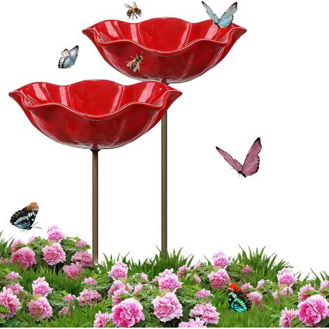 Baño para pájaros de metal con flores decorativas, bebedero de jardín de 15 x 60 cm para pájaros y abejas, comedero para pájaros al aire libre resistente a la intemperie (2 piezas) (1/5)