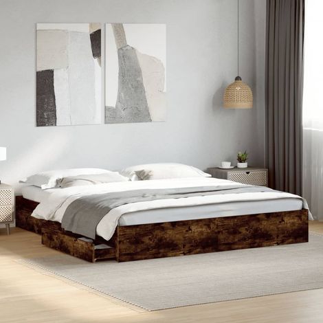 Lit adulte- 180x200 cm, Cadre de lit à tiroirs chêne fumé bois d'ingénierie CON11369 DESIGN IN (1/5)
