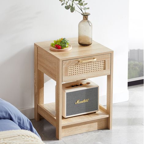 Table de chevet en rotin avec tiroir, 55 x 40 x 40 cm, MDF naturel HAVRYA (1/5)