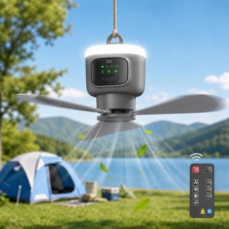 CCYKXAVentilateur de plafond avec éclairage, 45 cm, batterie 12000 mAh, portable, avec lumière et télécommande, minuterie, 3 niveaux, rechargeable par USB (1/5)