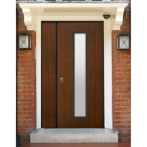Porta Blindata a Due Ante Asimmetriche con Vetro per Esterno Moderna Noce (1/4)