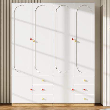 Lot de 2 Armoires 2 Portes Blanches 160x45x200 cm - Ensemble Garde-Robe Penderie Chambre Enfant avec Tiroirs, Finition Laquée et Poignées Céramique Colorées