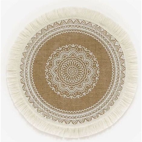 Lot de 4 sets de table ronds imprimés bohèmes – Sets de table en jute avec pompons de 38,1 cm pour décoration de table de salle à manger-LIAIKI (1/5)