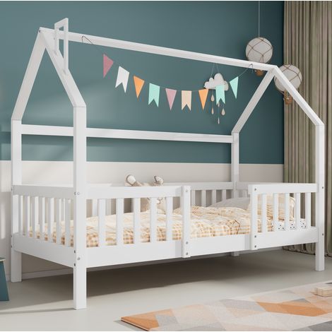 Letto a casetta 205x95x150 cm, con tetto e recinto, per materasso 90x200, pino, bianco (1/5)