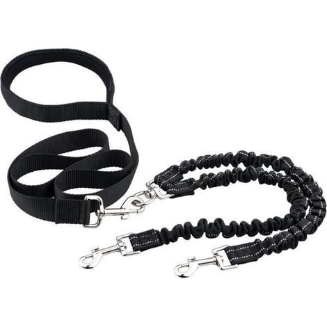 Laisse double réfléchissante élastique pour chien - Absorption chocs 360° anti-nœuds, longueur max 2,3 m (1/4)