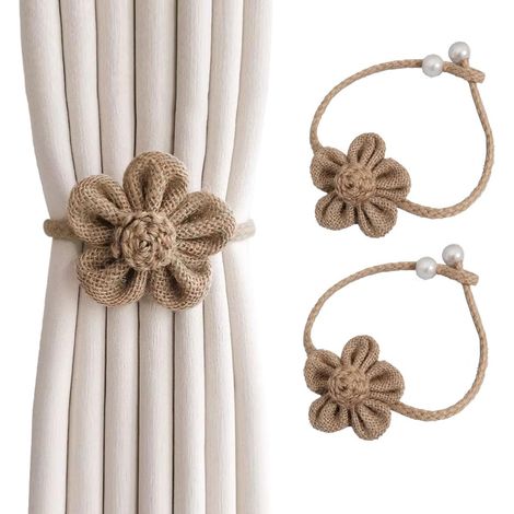 Lot de 2 embrasses de rideau, design floral, boucle à perles réglable, corde en coton, fixation sans perçage, décoration salon chambre