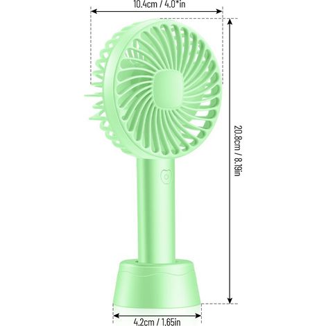 Ventilateur portable rechargeable USB 1200 mAh, mini ventilateur de poche à 3 vitesses, idéal pour la maison, le bureau, le camping, les voyages et le sport. Base amovible verte. (1/2)