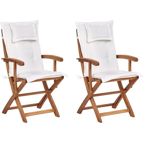 Conjunto de 2 sillas de comedor de jardín de madera clara estructura de madera de acacia diseño rústico plegable con cojín blanco crema Maui II (1/5)