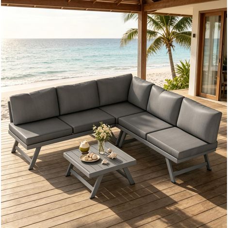 Salón de jardín de esquina 5 plazas con mesa baja reclinable gris HAVRYA (1/5)