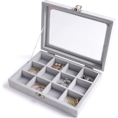 Plateau Rangement Bijoux - 12 Grilles - Velours Gris - Couvercle Transparent - Pour Tiroir Ou Vitrine - 17,8x13,5cm (1/5)