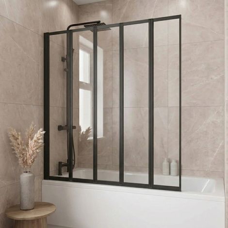 5 Panel 1200 x 1400mm Black Over Bath Glass Shower Screen Folding 4mm (1/5)