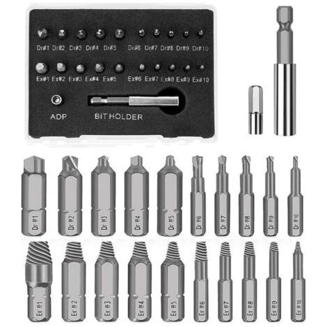 Kit estrattore per viti rotte, 22 pezzi in acciaio rapido (HSS), con portainserti magnetico e adattatore per bussole, per estrarre viti o bulloni danneggiati o spanati.