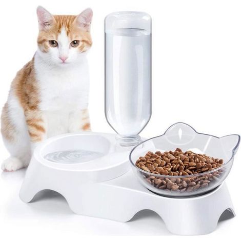 Distributeur Alimentation Automatique - Bol Eau et Nourriture 2 en 1 - Inclinaison 15° - PP PET - Pour Chat et Petit Chien - 1 Pièce (1/4)