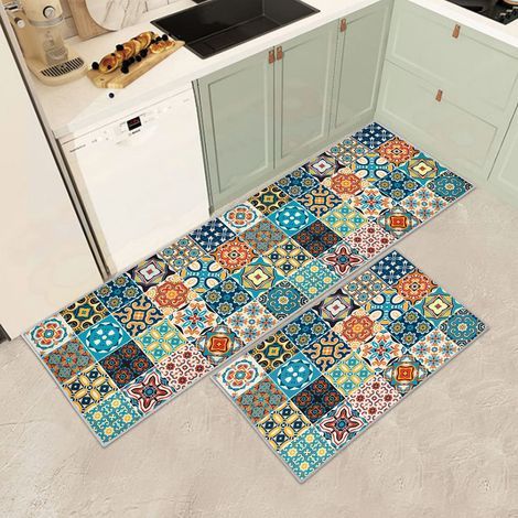 Lot de 2 Tapis de Cuisine antidérapants et lavables, Anti-Fatigue pour décoration de Maison, Bureau, Bureau Debout (E, 40x60+40x120cm) (1/5)