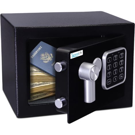 SereneLife Cassaforte, Cassaforte Piccola in Acciaio, Cassetta di Sicurezza 23x17x17 cm, Accesso Elettronico e Meccanico, 2 Chiavi, per Casa, Hotel e Armadi, Nero (1/4)