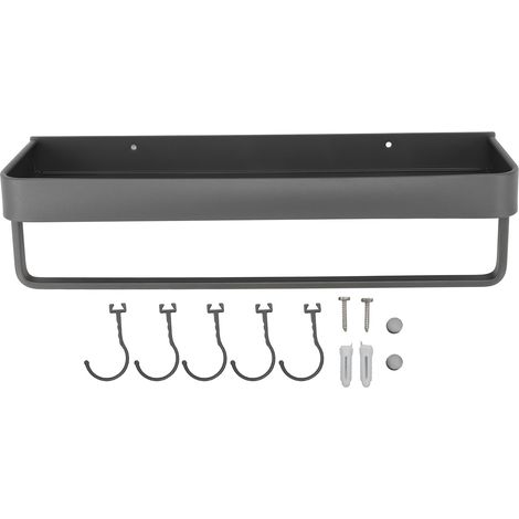 Toallero de aluminio para montaje en pared (no requiere taladrar) – estante de baño con ganchos, 40 x 12,5 x 4 cm – el conjunto incluye estante, barra y 5 ganchos (1/5)